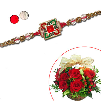 "Zardosi Rakhi - ZR-5210 A (Single Rakhi), 15 Red Roses Arrangement - Click here to View more details about this Product